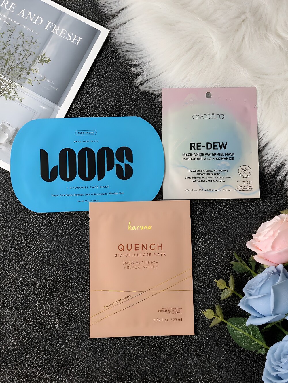 3 Various Face Masks, Re-Dew, Quench & Loops. Beautify Yourself. Hydrating, New